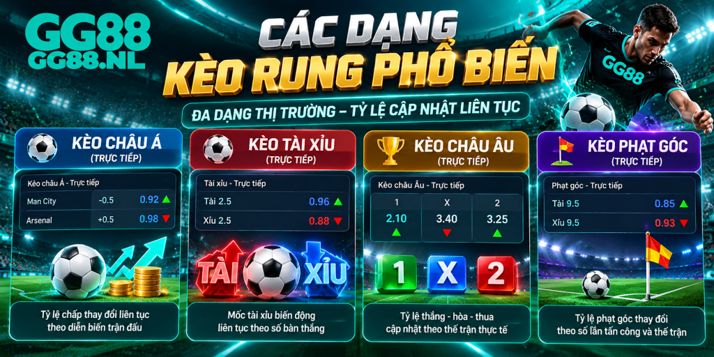 Các dạng kèo rung phổ biến gồm châu Á, tài xỉu, châu Âu và phạt góc