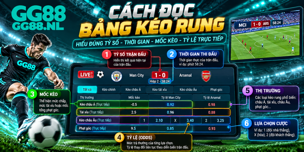 Cách đọc bảng kèo rung với tỷ số, thời gian thi đấu, mốc kèo và tỷ lệ trực tiếp
