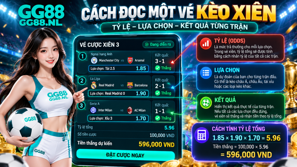 Cách đọc một vé kèo xiên gồm tỷ lệ, lựa chọn và kết quả từng trận
