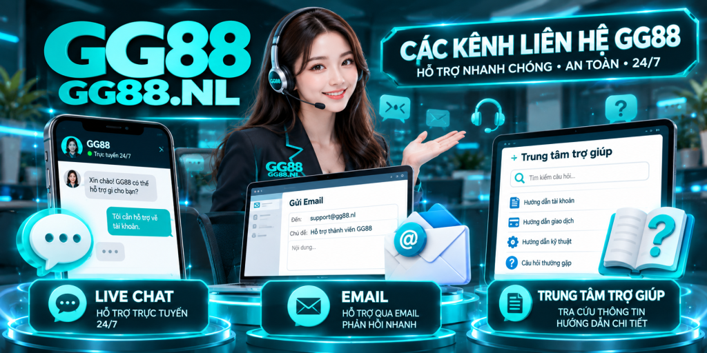Các kênh liên hệ GG88 gồm Live Chat, Email và Trung tâm trợ giúp